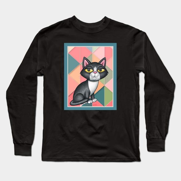 Black white kitty cat on art deco in greens and orange Long Sleeve T-Shirt by Danny Gordon Art